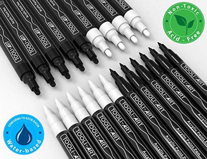 TOOLI-ART Black And White Acrylic Paint Markers Paint Pens Set For Rock Painting, Canvas, Mugs, Metal, Glass Paint, Fabric, Wood, DIY. Non Toxic, Quick Dry,Waterbas (EXTRA FINE & MEDIUM) - style: EXTRA FINE & MEDIUM