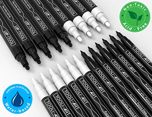 TOOLI-ART Black And White Acrylic Paint Markers Paint Pens Set For Rock Painting, Canvas, Mugs, Metal, Glass Paint, Fabric, Wood, DIY. Non Toxic, Quick Dry,Waterbas (EXTRA FINE & MEDIUM) - style: EXTRA FINE & MEDIUM