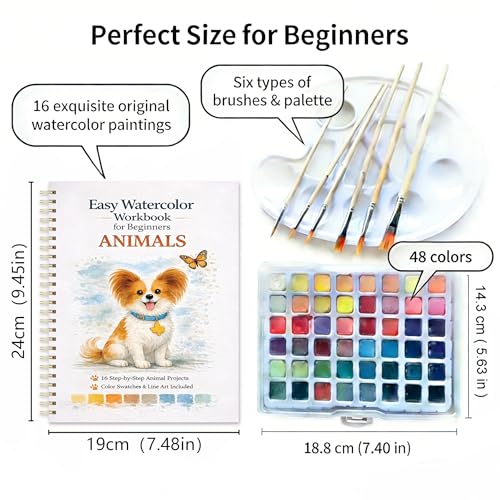 Watercolor Workbook for Beginners – Animals, 16 Original Watercolor Projects, Watercolor Kit with 48 Colors Paint Set, 6 Brushes & Palette,Watercolor Workbook for Adults, Creative Art Gift - color: Animals, size: with palette