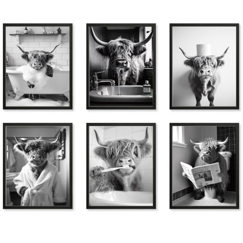 Dazoratix Highland Cow Bathroom Poster - 6 Pcs Black and White Funny Animal in Toilet Wall Art Prints Decor Humorous Vintage Aesthetic Pictures for Bath Room Bathroom Washroom Home Unframed Decoration - color: Highland Cow Bathroom