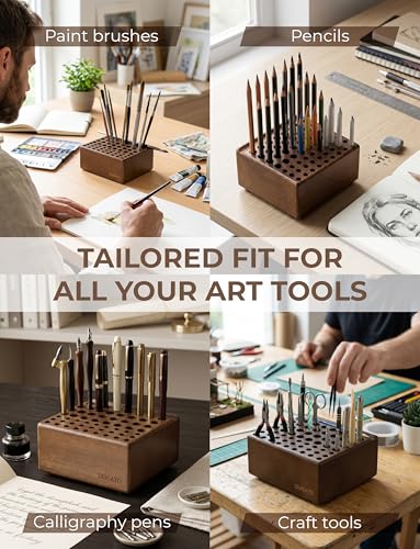 DUGATO Wooden Brush Holder, 59 Hole Desk Organizer with Rest Groove