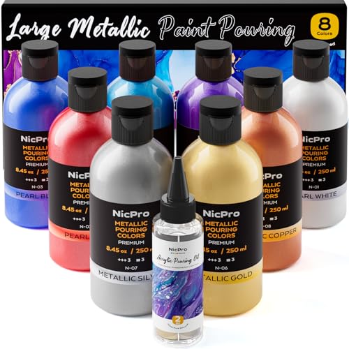 Nicpro 8 Colors 8.45oz Large Volume Metallic Acrylic Pour Paint Kit - color: 8 Colors