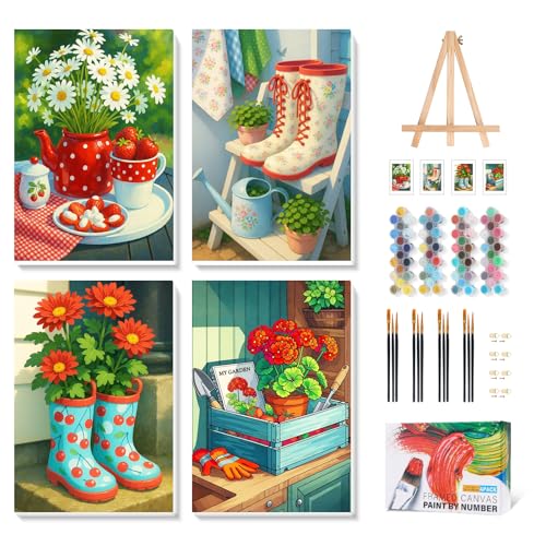 Camocin 4 Pack Framed Paint by Numbers Kit for Adults with Wooden Easel | Cottage Garden Artwork, Farmhouse Floral Decor, DIY Canvas Painting Set, Beginner Friendly, Rustic Home Decor, 8x12 Inch - color: LBOP4PF07