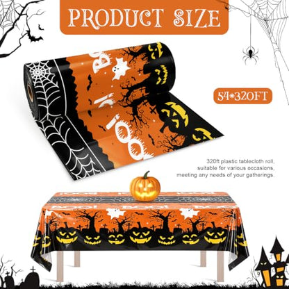 54IN X 320FT Halloween Plastic Table Cover Roll with Cutter Box, Cut to Size Plastic Table Cloths for Parties, Birthday(BOOI Spider Web) - color: Booi Spider Web, size: 3840" x 54" (Rectangular)