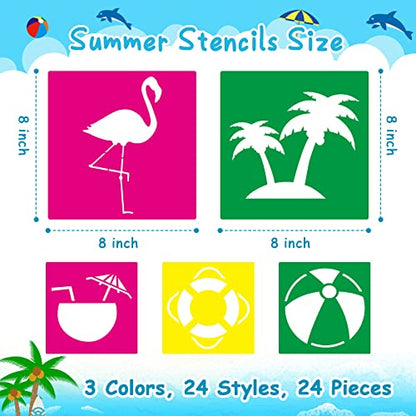 Henoyso 24 Pcs Summer Aloha Stencil for Kids 8 Inch Reusable Templates | Plastic, Drawing Painting Templates, Flamingo, Tree, Hawaii, Pink, Green, Toddlers, Wood Paper Scrapbook, DIY Art Crafts - style: Flamingo Style