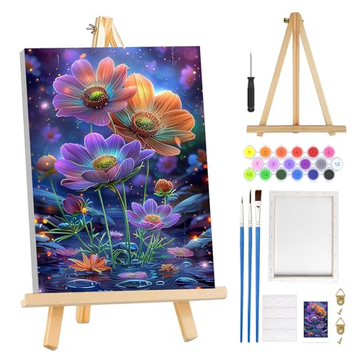 MOGTAA Paint by Numbers Kit for Adults with Frame, Flowers Paint by Number Canvas, Flowers Scenery Paint by Numbers with Easel, DIY Oil Painting Kit for Home Wall Decor 8 x 12 Inch - color: Flowers