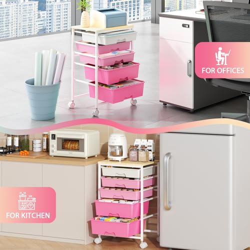 Goovilla Rolling Cart with 5 Drawers for Craft, Art, Dorm, Office, Pink - size: Pink