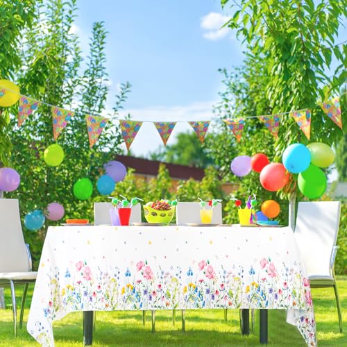 6 Pcs Summer Floral Tablecloth Butterfly Wildflower Plastic Disposable Tablecloth Rectangle Flower Table Cover for Summer Picnic Dining Birthday Tea Party Decorations (54 x 108 Inch) - size: 54 x 108 Inch