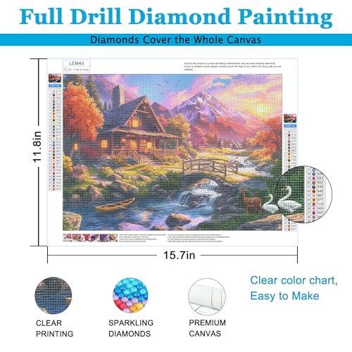 LELEMON Diamond Art Kits for Adults,Diamond Painting Kits for Adults | 5d Diamond Painting Kit with Diamond Art Accessories for Home Wall Decor 12 x 16inch - color: House&Mountain