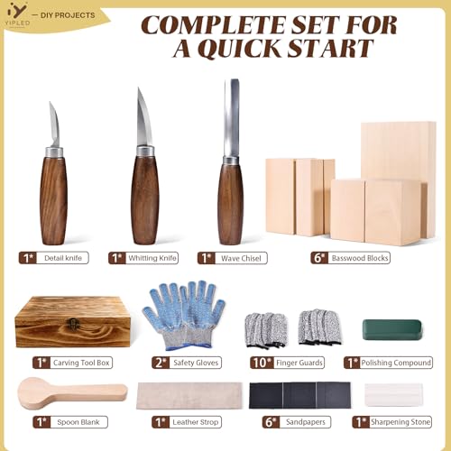 Wood Carving Kit for Beginners, Wood Carving Tools with 3Pcs Whittling Knife 7Pcs Basswood Carving Blocks, Grade 5 Anti Cutting Gloves, Leather Strop, Polishing Compound, Entry-Level Carving Gift Set