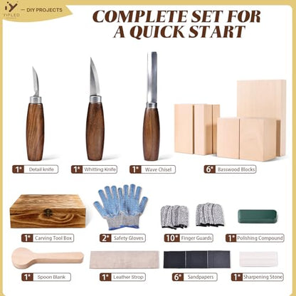 Wood Carving Kit for Beginners, Wood Carving Tools with 3Pcs Whittling Knife 7Pcs Basswood Carving Blocks, Grade 5 Anti Cutting Gloves, Leather Strop, Polishing Compound, Entry-Level Carving Gift Set