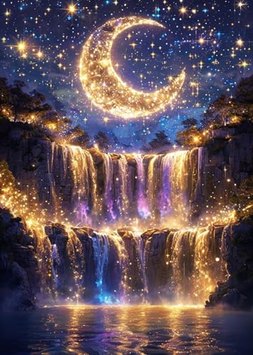 KINPLUB 5D Diamond Painting Kits for Adults Beginners, Moonlight Waterfall Diamond Art Kits for Adults, DIY Full Drill Round Moon Landscape Diamond Dots, Home Wall Decor 12x16 Inch - color: Waterfall