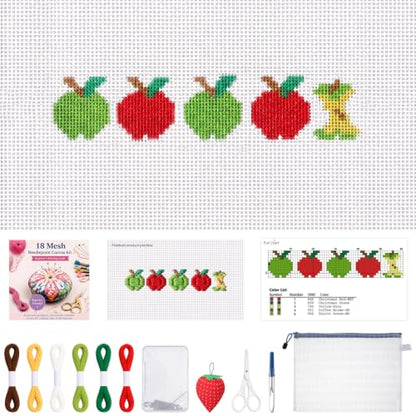 XunYee 18 Mesh Needlepoint Canvas Kit for Beginner, 1 in 5 Apples | Printed Pattern for Beginners, Includes Embroidery Threads Needles Scissors Storage Bag, Halloween DIY Decoration Craft - style: 1 in 5 Apples