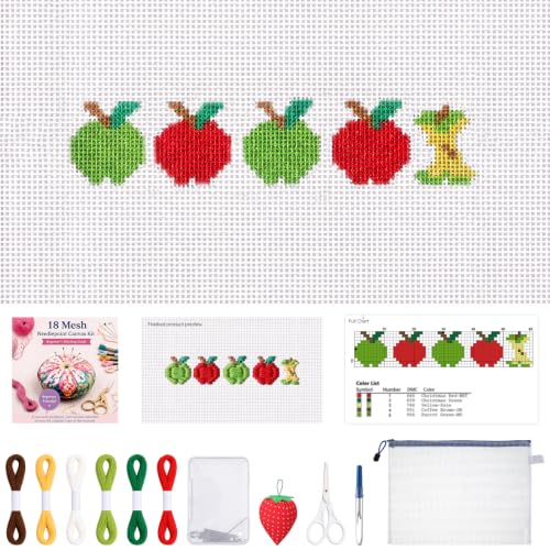 XunYee 18 Mesh Needlepoint Canvas Kit for Beginner, 1 in 5 Apples | Printed Pattern for Beginners, Includes Embroidery Threads Needles Scissors Storage Bag, Halloween DIY Decoration Craft - style: 1 in 5 Apples