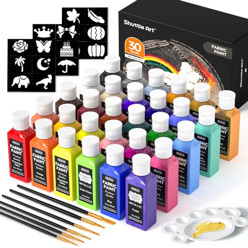 Fabric Paint, Shuttle Art 30 Colors Permanent Soft Fabric Paint in Bottles (60ml/2oz) with Brushes, Palette, Stencils, Non-Toxic Textile Paint for T-shirts, Shoes, Jeans, Bags, DIY Projects&Art Crafts - color: Regular, size: 2 Fl Oz (Pack of 30)