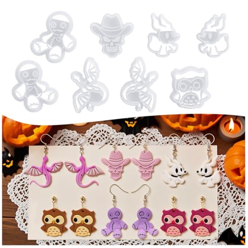 8pcs Halloween Clay Cutters for Polymer Clay Earrings | Spooky owl, bat, ghost, skull and doll shapes for clay earrings, charms, pendants and Halloween crafts - color: Halloween Devil