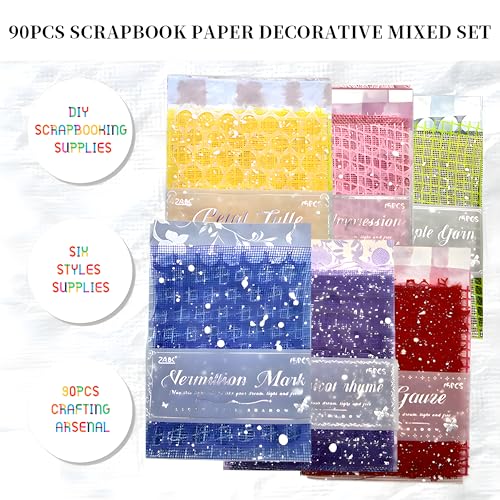 BADAO 90 Sheets Sticker Scrapbook Paper Supplies for DIY | 6 Pack Mesh Fabric Scrapbooking Kits,5.11x7.08Inch Textured Aesthetic Paper Scrap Book Material for DIY Decorative Mixed Set