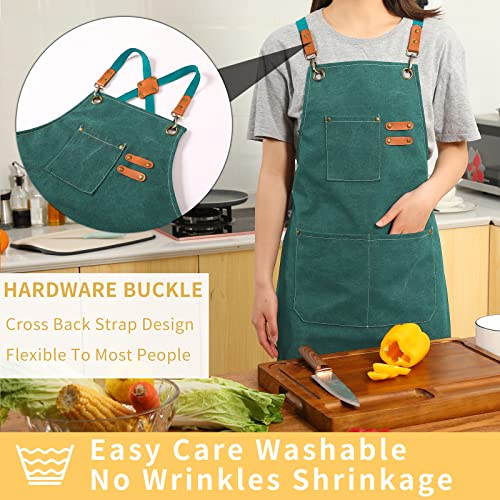 Tosewever Canvas Cross Back Chef Cotton Aprons for Men Women with Large Pockets - color: Green