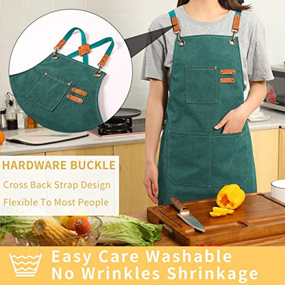 Tosewever Canvas Cross Back Chef Cotton Aprons for Men Women with Large Pockets - color: Green