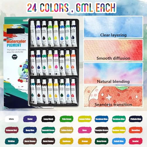 Mini Watercolor Travel Set, 24 Color Pocket Watercolor Set with Brush, Sketchbook and Towel for Artists, Beginners, Students and Urban Sketching (15 Grids)