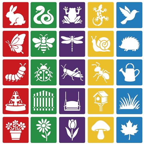CUTHOLLOW Animals Fruit Plant Stencils, 24PCS 8-Inch Reusable Plastic | 24PCS 8-Inch Animals, Fruit & Plant Shapes, Reusable Washable Plastic, Painting, Crafts, Wall Art & Sidewalk Chalk - style: Garden Animals