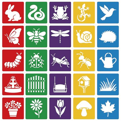 CUTHOLLOW Animals Fruit Plant Stencils, 24PCS 8-Inch Reusable Plastic | 24PCS 8-Inch Animals, Fruit & Plant Shapes, Reusable Washable Plastic, Painting, Crafts, Wall Art & Sidewalk Chalk - style: Garden Animals