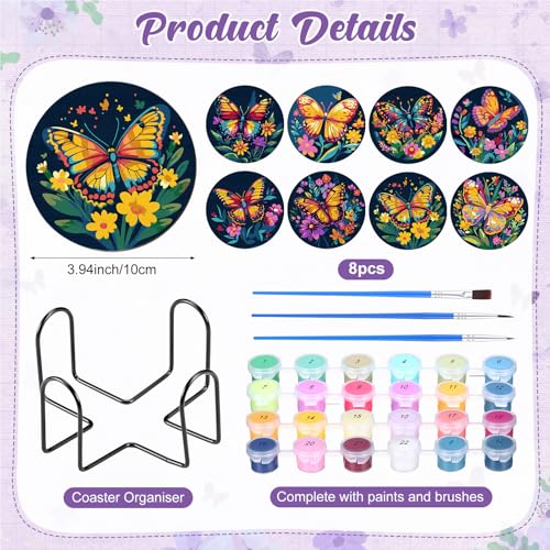 Reallnaive 8 Pcs Butterfly Flower Paint by Numbers Kit Coaster for Adults - style: Butterfly Flowers