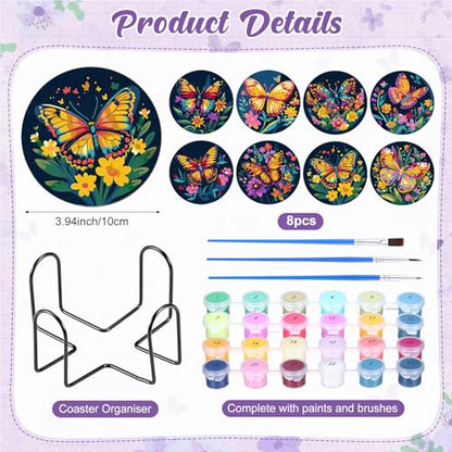 Reallnaive 8 Pcs Butterfly Flower Paint by Numbers Kit Coaster for Adults - style: Butterfly Flowers