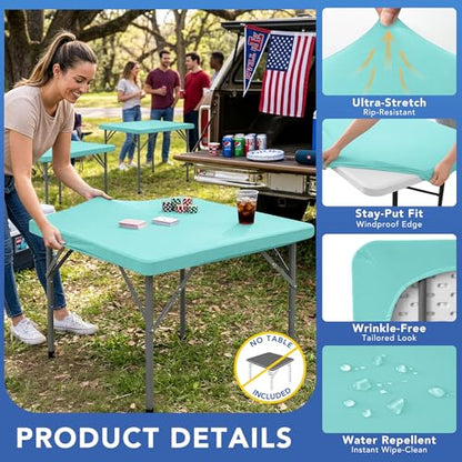 Card Table Covers Square Fitted Tablecloth with Elastic-2 Pack 34x34 Inch | Aqua Blue Spandex Stretch Windproof Washable Folding Card Tablecloths-Outdoor Camping Dining Patio Kitchen Banquet Party - color: Aqua Blue, size: 34'' x 34'' | 2 Pack