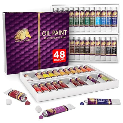 MyArtscape Oil Paint Set - 48 x 12ml Artist Oil Paint Tubes | Rich pigment oil paint set with smooth blending glossy finish and excellent coverage for canvas painting