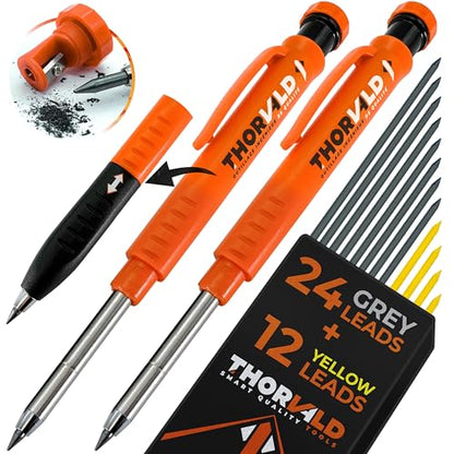 THORVALD 2 Carpenter Pencils Set for Construction - Incl. 38 Leads + Sharpener + Finger Grip - Solid Mechanical Pencils with Fine Point/Best Marking tools Construction/Carpenters/Scriber