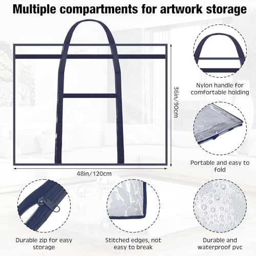 Huhumy Large Art Portfolio Case 48" x 36" Poster Storage Bag Bulletin Board Holder Container PVC Folder with Zipper Handles Pocket for Teachers Artist Artwork Organization (Blue,Clear) - color: Blue, style: Clear