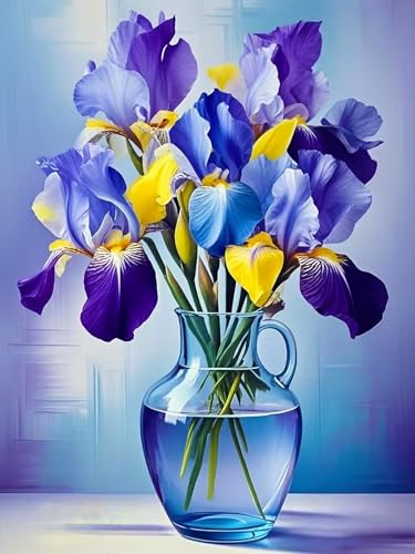 PINFFSHU Flowers Diamond Art Kits for Adults, Stunning Iris Bouquet in Glass Vase Diamond Painting Kits with Full Drill,5D Diamond Painting DIY Gem Art and Crafts for Home Wall Decor Gifts12x16 inch - color: Purple, blue, yellow