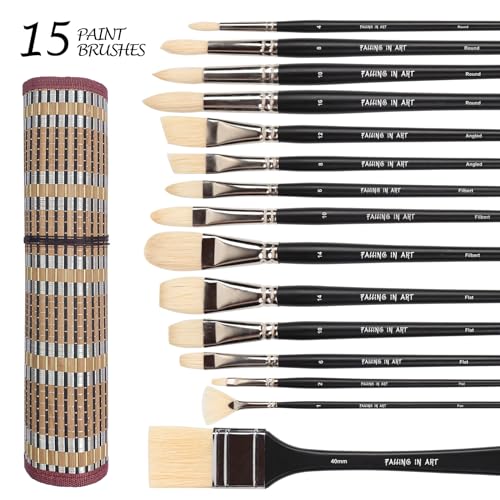 Falling in Art 15 Pcs Professional Oil Paint Brush Set, Natural Hog Bristle - color: Black