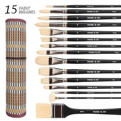 Falling in Art 15 Pcs Professional Oil Paint Brush Set, Natural Hog Bristle - color: Black