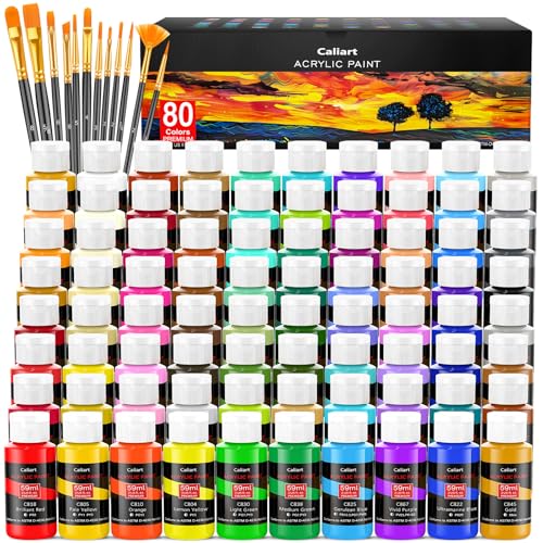Caliart 80 Colors Acrylic Paint Set with 12 Brushes | Craft Painting kit for Adults Artists Beginners, Halloween Pumpkin Canvas Wood Rock Ceramic Fabric Art Supplies Paints - color: Regular, size: 2 Fl Oz (Pack of 80)