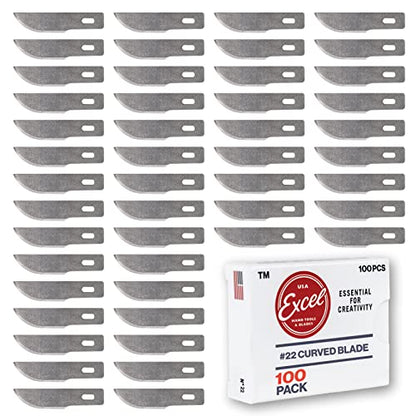 Excel Blades 100 PCS Craft Knife Blade Refill, #22 High Carbon Steel Curved Hobby Knife Blades Replacement - For Precision Cutting, Professional, Hobby, And Art Crafts | Precision Cutting Tool, Professional & Studio Grade, Replacement Refills for Art and