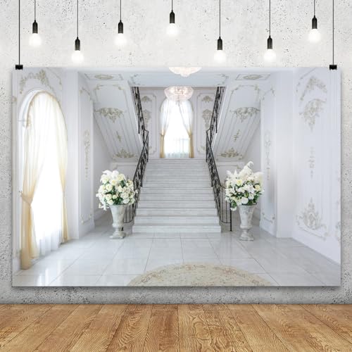 European Room Interior Backdrop 10x8ft Arched Window Stairs Chandelier Columnar Flowerbed Nordic Modern Photography Background Birthday Wedding Party Decor Portraits Photoshoot Wallpaper Props - color: Style 1, size: 10ftx8ft