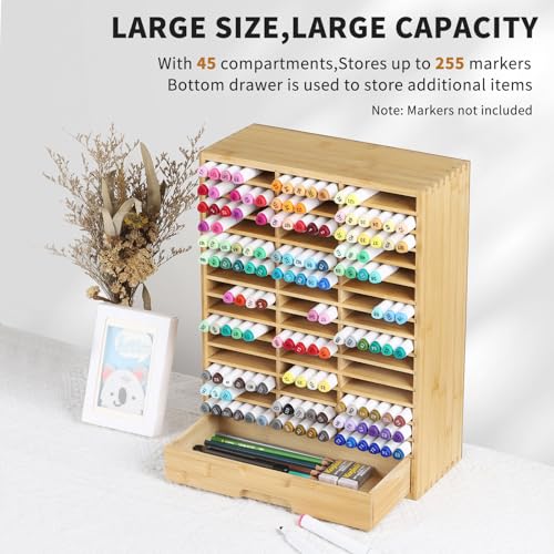 AUTOARK Bamboo Marker Organizer for 225 Markers,AHK-063 | Desktop Storage with Drawers,Art Markers Pens Pencils Brushes,Stationary Organizer - size: 225 Markers