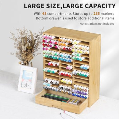 AUTOARK Bamboo Marker Organizer for 225 Markers,AHK-063 | Desktop Storage with Drawers,Art Markers Pens Pencils Brushes,Stationary Organizer - size: 225 Markers