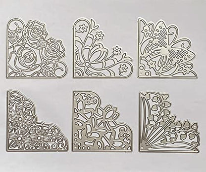 6Pcs 3Inches Lace Corner Cutting Dies Stencil Butterfly Flowers Die Cuts Metal Corner Pocket Die for Card Making DIY Scrapbook Album Paper Card Festival Decor - style: Corner dies set