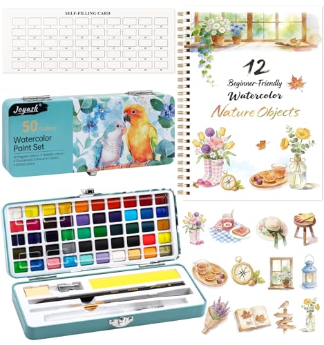 Watercolor Workbook with 12 Nature Patterns, 50 Colors Watercolor Paint Set | Water Coloring Book, Beginner-Friendly Watercolor Workbooks for Creative Exploration Gift for Adults - color: Nature Objects