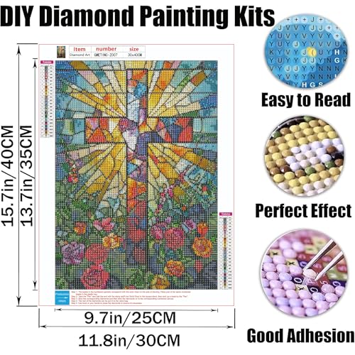 GMETNIC Diamond Art Kits for Adults- Diamond Painting Kits for Adults Beginners, 5D DIY Full Drill Round Rhinestone Gem Art Crafts Paintings for Home Wall Decor 12"x16" (Stained Glass Cross) - color: Stained Glass Cross