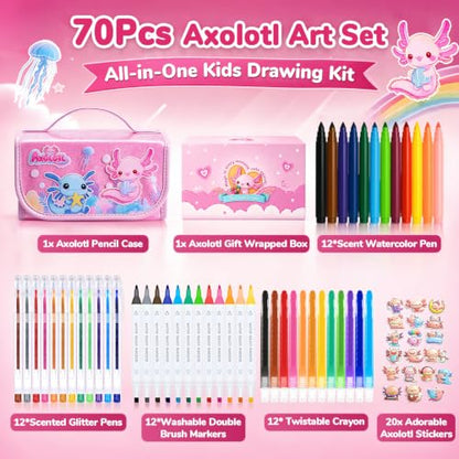 DreamyCandy 70 Pcs Washable Markers Set for Kids 4-8, Axolotl Art Set Gifts - color: Pink Axolotl