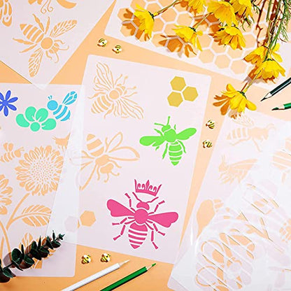 Bee Theme Stencils 6PCS - Reusable Honeycomb & Sunflower Painting Templates for DIY Wall Art, Furniture Painting, Floor Decor | PET Craft Stencils for Home Projects (11.7x8 Inch) - style: Bee
