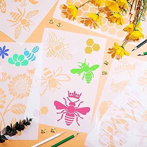 Bee Theme Stencils 6PCS - Reusable Honeycomb & Sunflower Painting Templates for DIY Wall Art, Furniture Painting, Floor Decor | PET Craft Stencils for Home Projects (11.7x8 Inch) - style: Bee