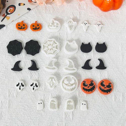 Xaekicr 10PCS Halloween Polymer Clay Cutters Set - Pumpkin Ghost Witch Hat Spider Web Shapes for DIY Earrings - Clay Cutters Clay Earring Cutters Clay Tools - color: F color