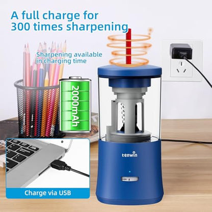 tenwin Fully Automatic Pencil Sharpener for 6-8mm Pencils, Hands-Free - color: Blue