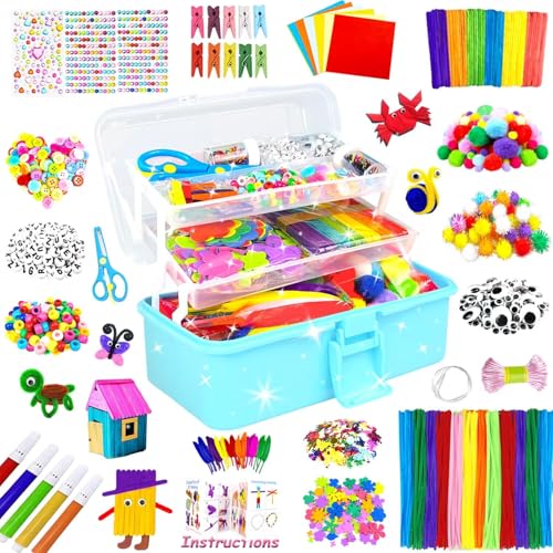 3000 Arts and Crafts Supplies for Kids Craft Kit All in 3 Layered Craft Box with Pipe Cleaners Crafts for Kids Age 4-6, 6-8, 8-12 DIY School Supplies Materials Set Toys Gifts for Girls Boys, Blue - color: blue