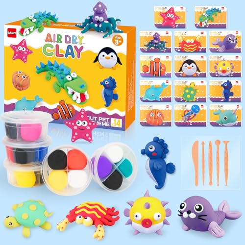 Air Dry Clay Kit for Kids, 14 Marine Animal Molding Set | Ultra Light & Soft, Safe Non-Toxic, DIY Art Crafts, Gifts for Ages 4-8+ Boys Girls